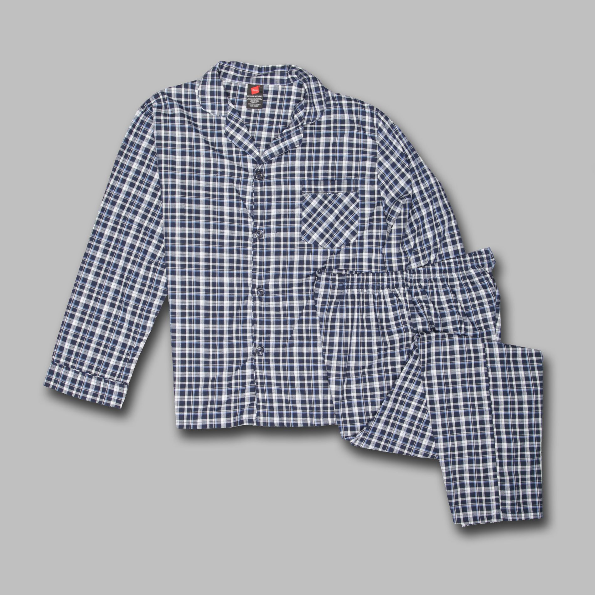 Hanes Men&#8217;s Pajama Set Woven Long Sleeve &#8211; Blue Plaid