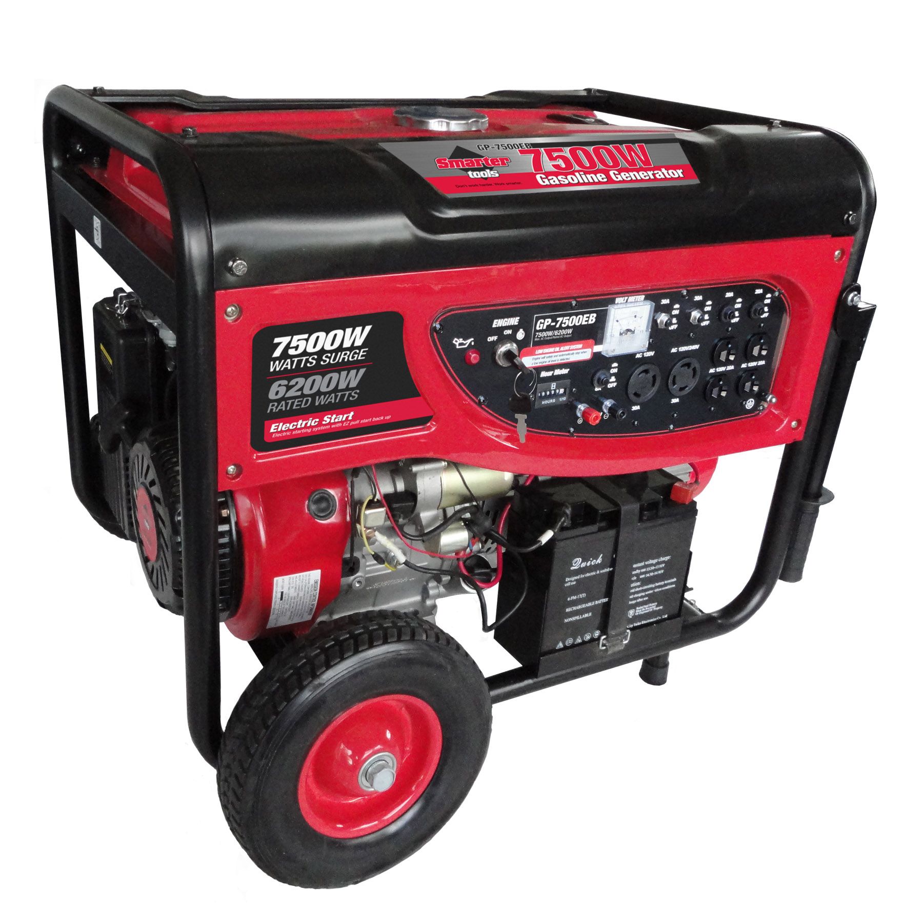 Smarter Tools ST-GP7500EB 7500 Watt Portable Gas Generator with Electric Start  Battery and No Flat Wheels - EPA and CARB Approved.
