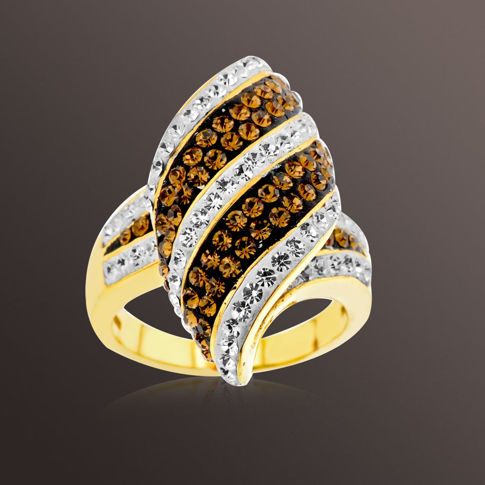Shades Of Elegance Gold over Bronze Brown and White Crystal Kite Stripe Ring