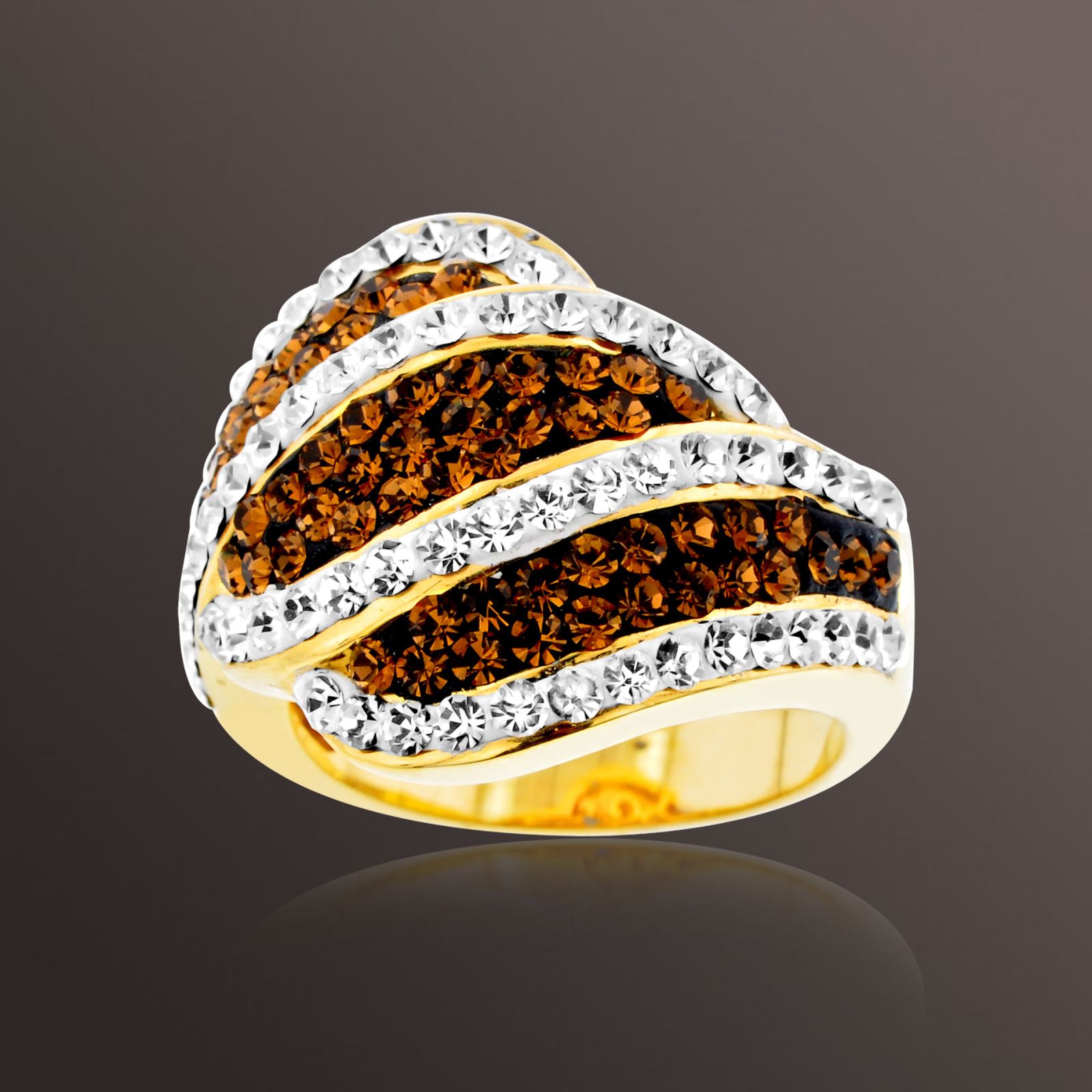 Shades Of Elegance Gold over Bronze Brown and White Crystal Wavy Stripe Ring