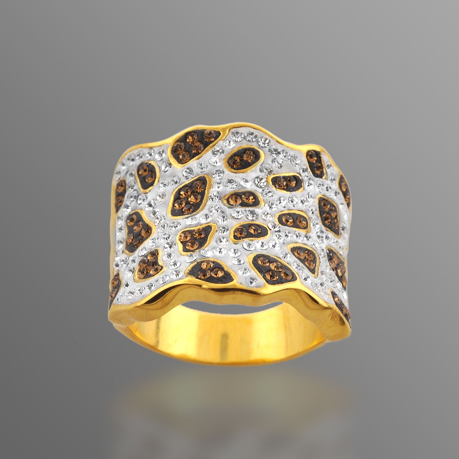 Shades Of Elegance Gold over Bronze Brown and White Crystal Animal Design Ring
