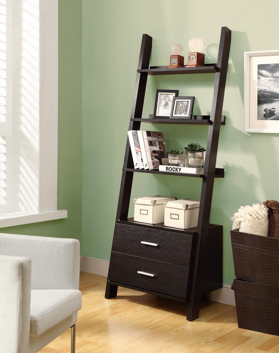 Monarch Specialties BOOKCASE - 69"H / CAPPUCCINO LADDER W/ 2 STORAGE DRAWERS