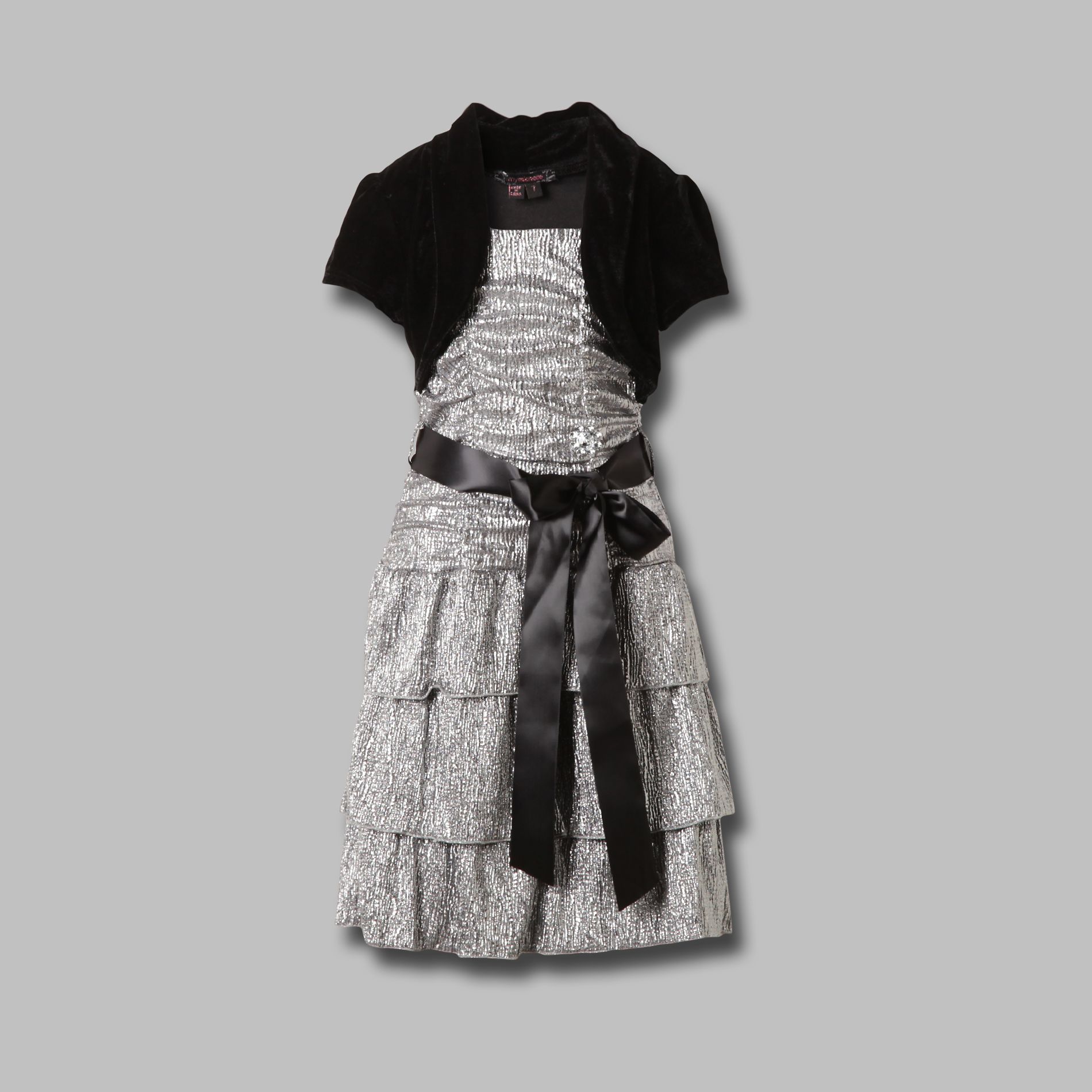 My Michelle Girl&#8217;s Dress Glitter Shrug Short Sleeve Silver/Black