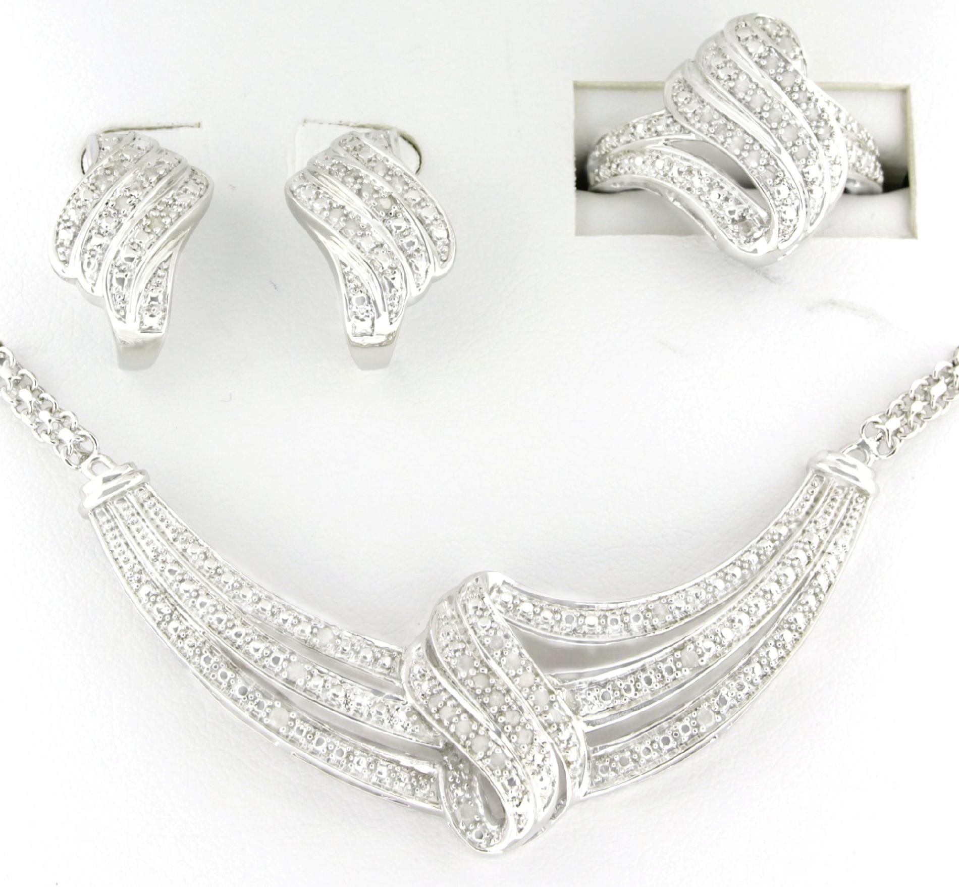 Rhodium Plated 1/2cttw Diamond Necklace, Earring and Ring Set