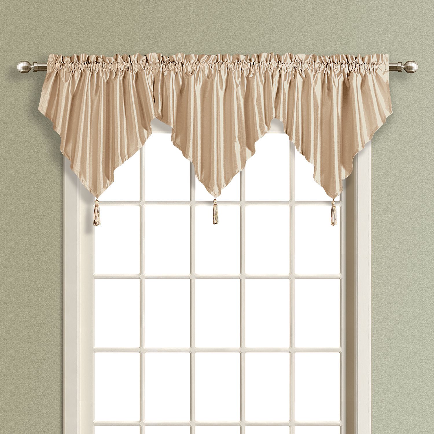 United Curtain Company Anna 42X24 faux silk ascot valance: white, natural, sage, taupe, blue, gold, burgundy & chocolate