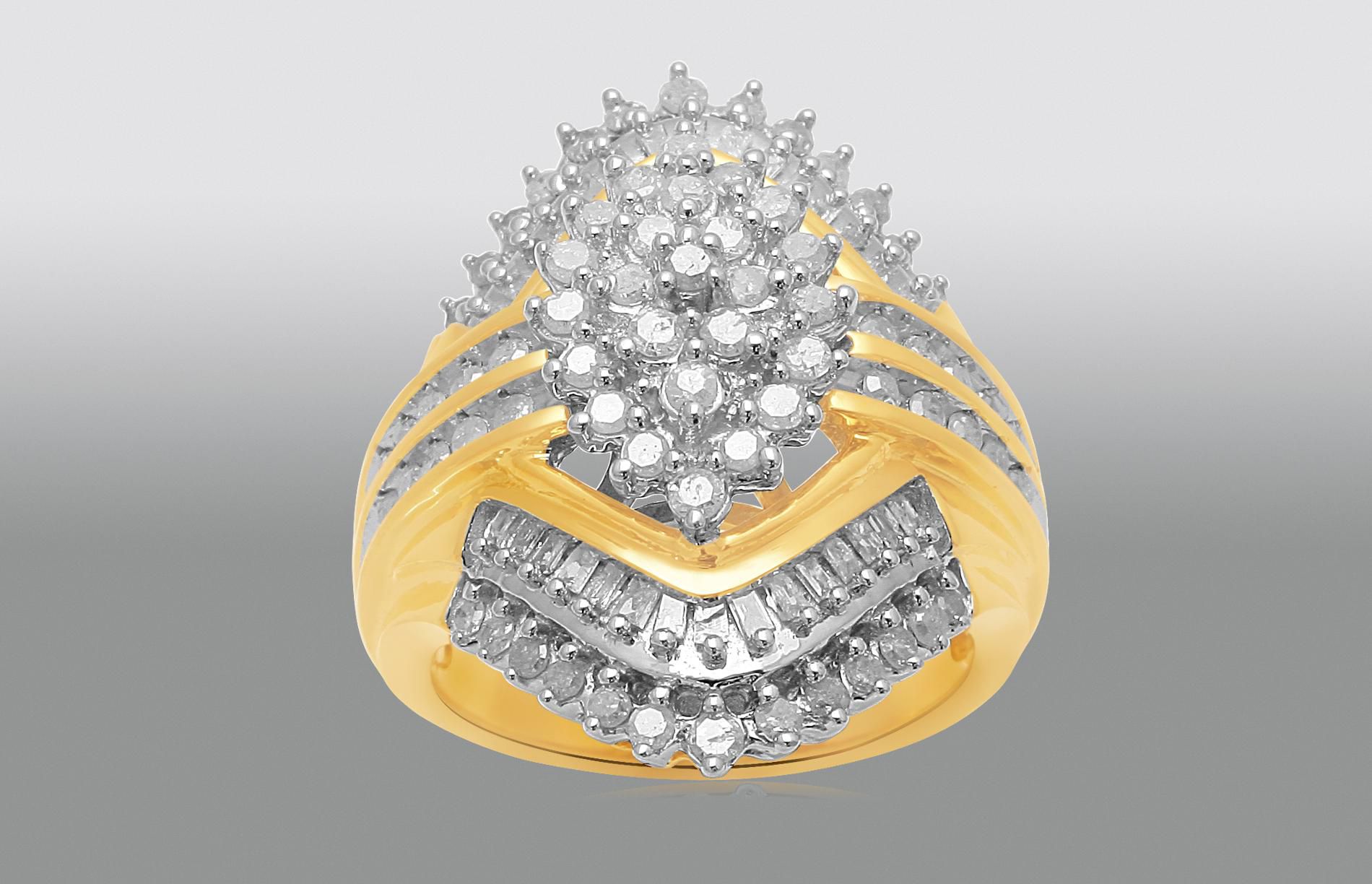 1 Cttw. Round & Baguette Cut Gold Finished Diamond Cluster Ring