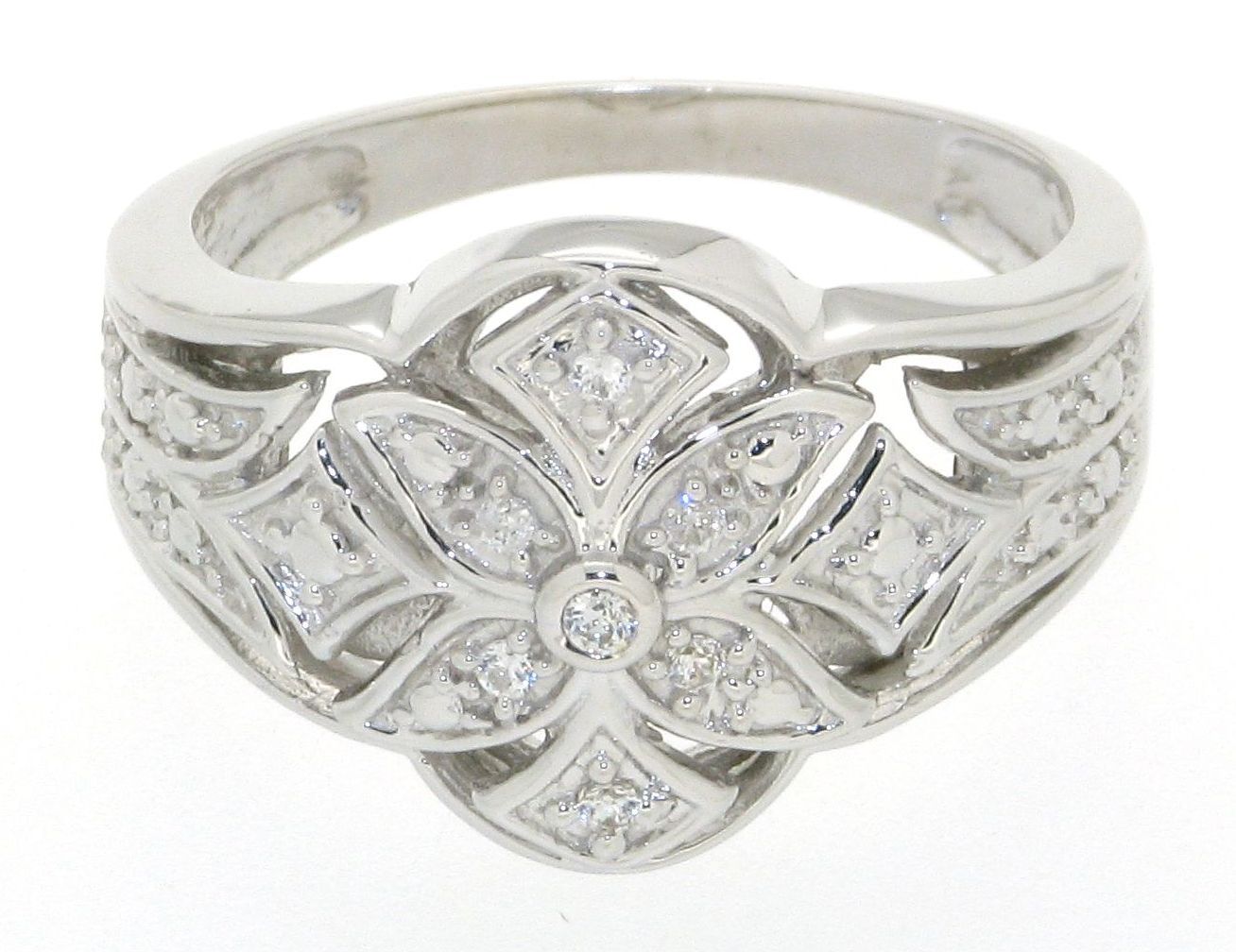 Sterling Silver Diamond Accent Filigree Flower Ring