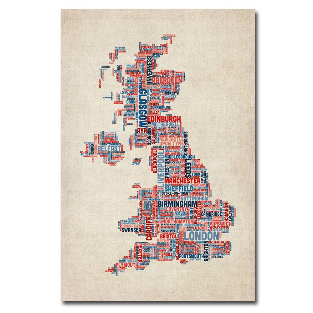 Trademark Global 30x47 inches Michael Tompsett "UK - Cities Text Map"
