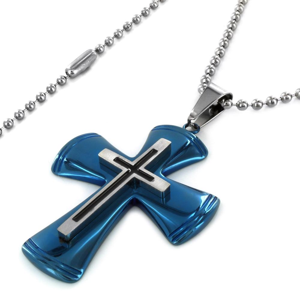 West Coast Jewelry Men's Two-tone Stainless Steel Layered Cross Necklace