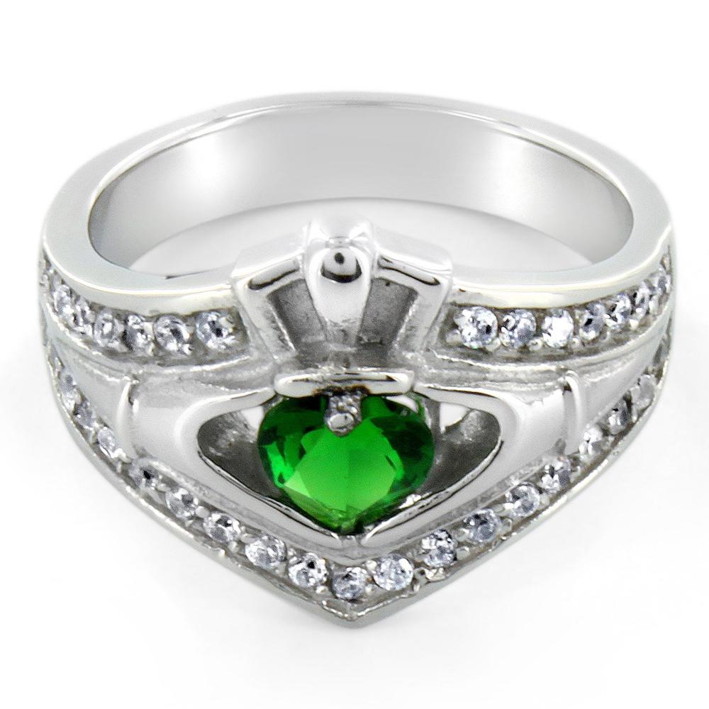 West Coast Jewelry Stainless Steel Claddagh Green Heart Cubic Zirconia Ring