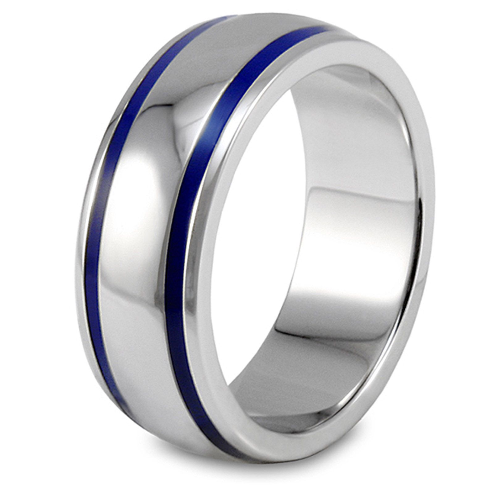 West Coast Jewelry Men's Stainless Steel  Blue Enamel Groove Domed Ring