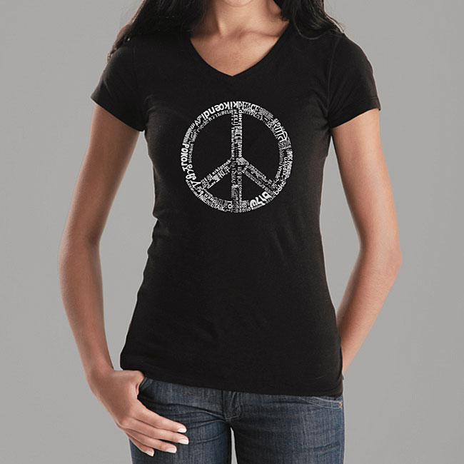 Los Angeles Pop Art Women's Word Art V-Neck T-Shirt - The Word Peace in 77 Languages Online Exclusive