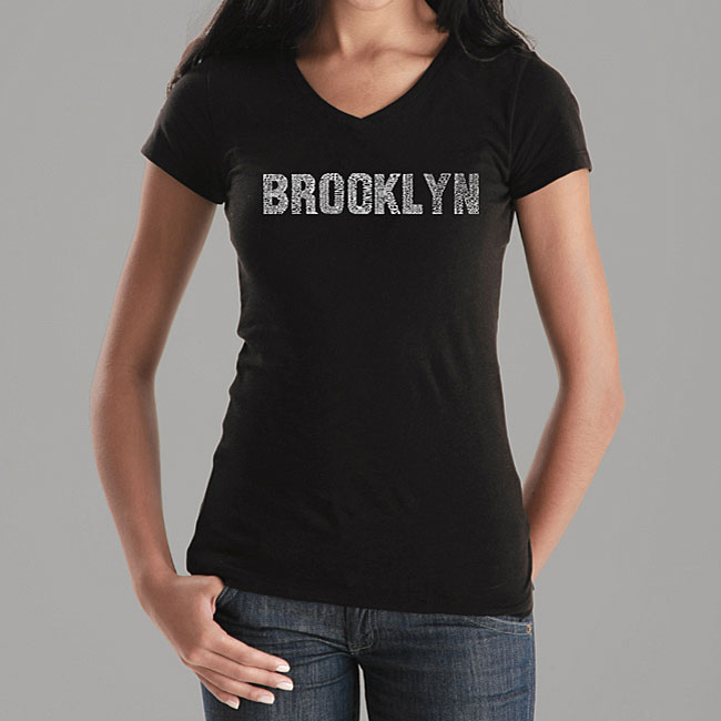 Los Angeles Pop Art Women's Word Art V-Neck T-Shirt - Brooklyn Neighborhoods Online Exclusive