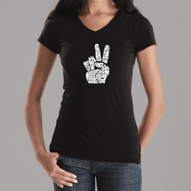 Los Angeles Pop Art Women's Word Art V-Neck T-Shirt - Give Peace A Chance Online Exclusive