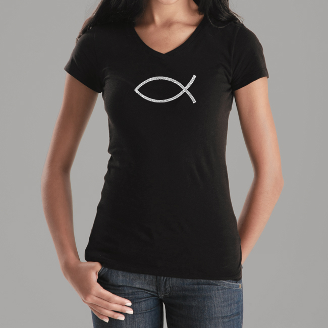 Los Angeles Pop Art Women's Word Art V-Neck T-Shirt - Jesus Fish Online Exclusive