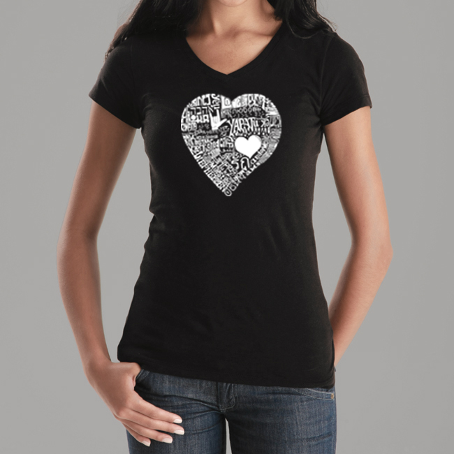 Los Angeles Pop Art Women's Word Art V-Neck T-Shirt - The Word Love in 44 Languages Online Exclusive