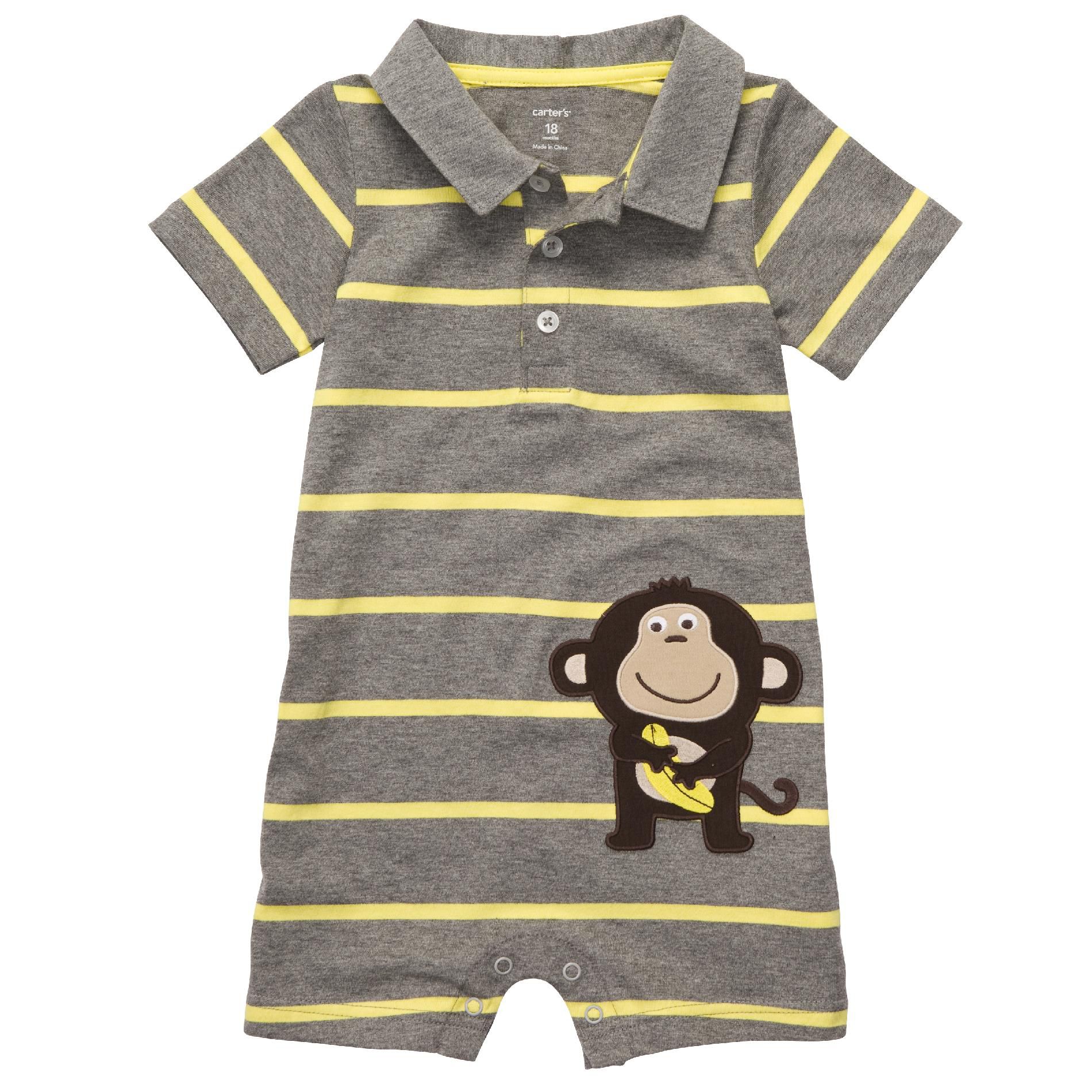 Carter's Infant Boy&#8217;s Romper Polo &#8216;Monkey&#8217; Striped Grey