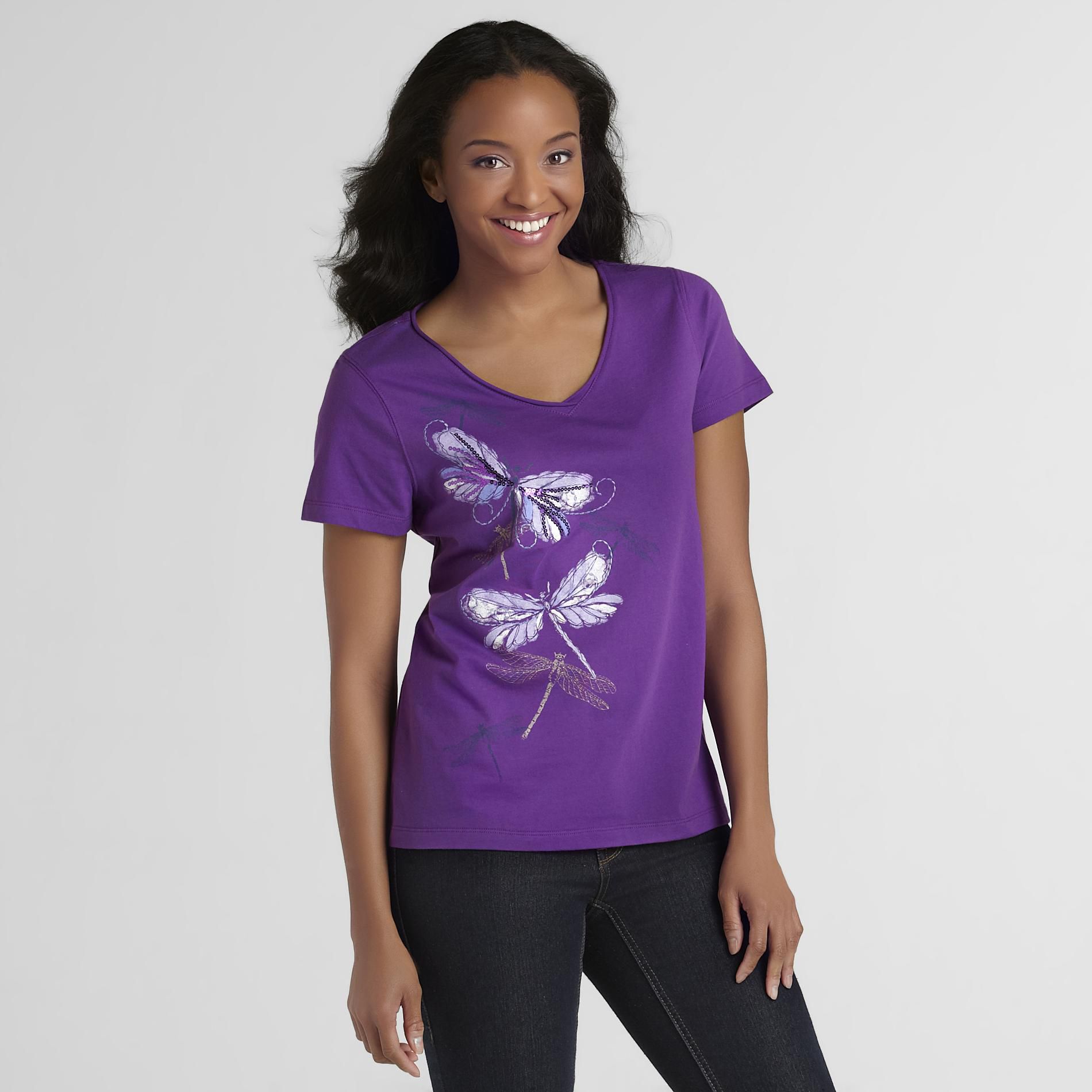 Laura Scott Petite's Sequined T-Shirt - Dragonflies