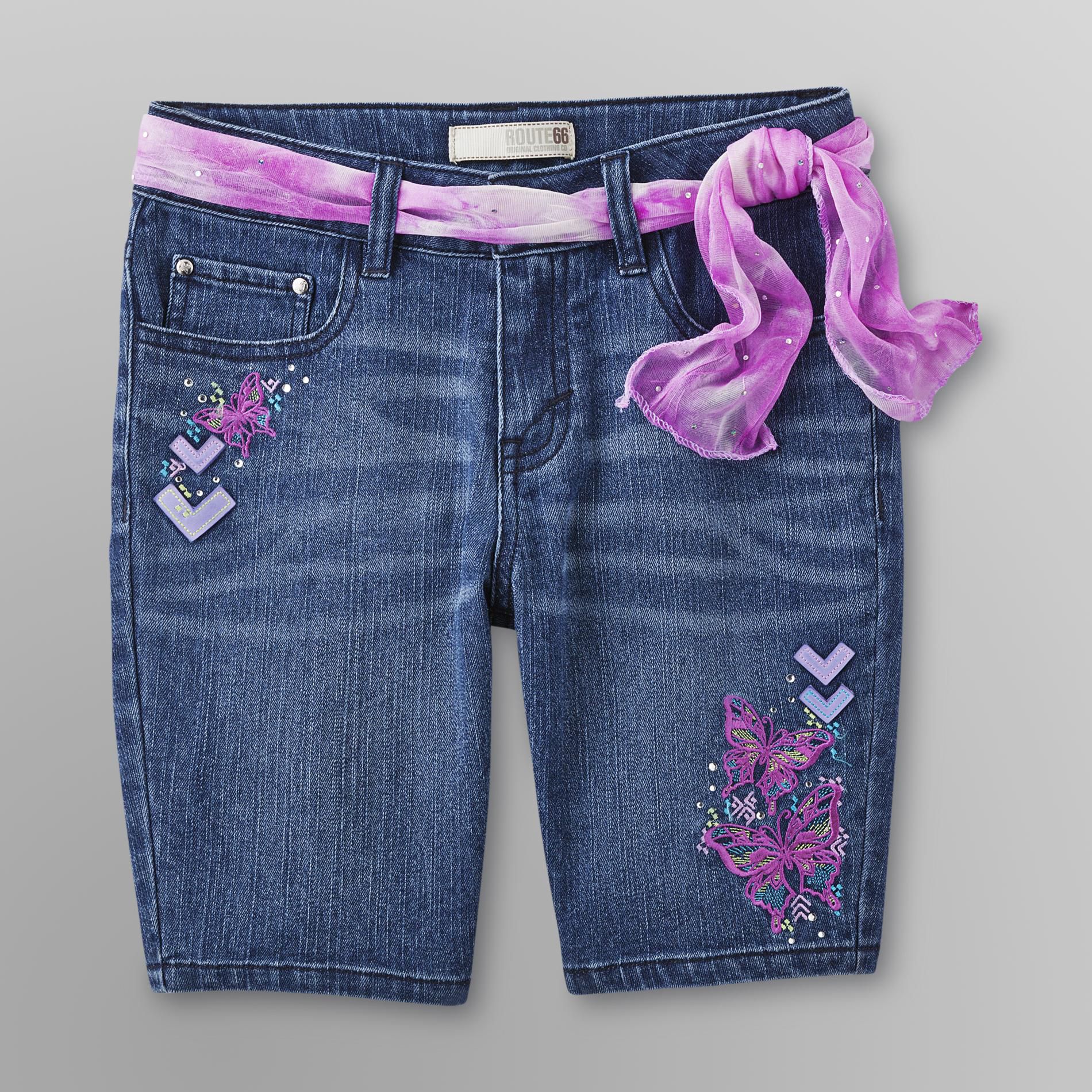 Route 66 Girl's Belted Bermuda Jean Shorts - Butterflies