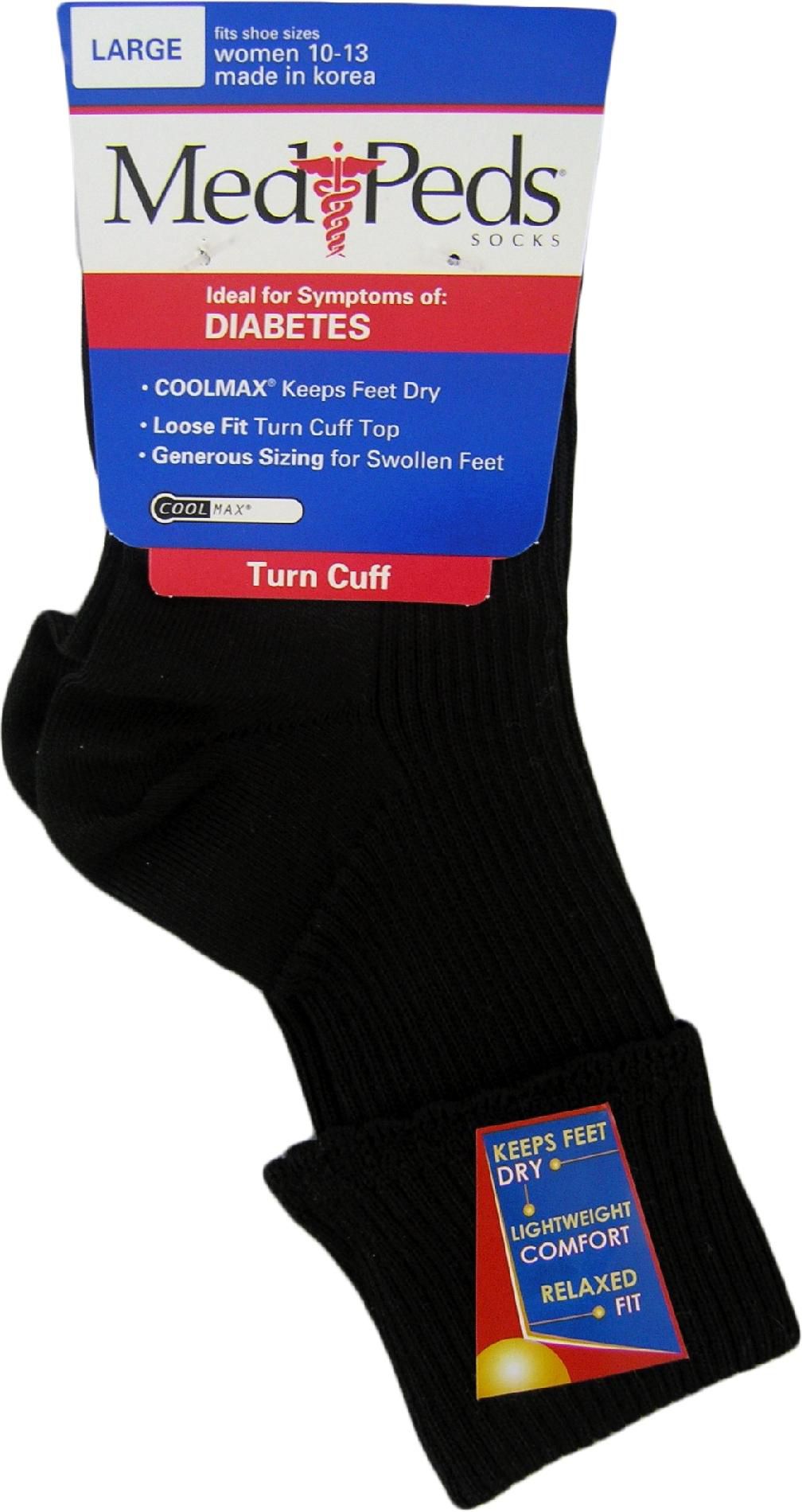 MediPeds Diabetic Black Turn Cuff Socks - 1 Pair