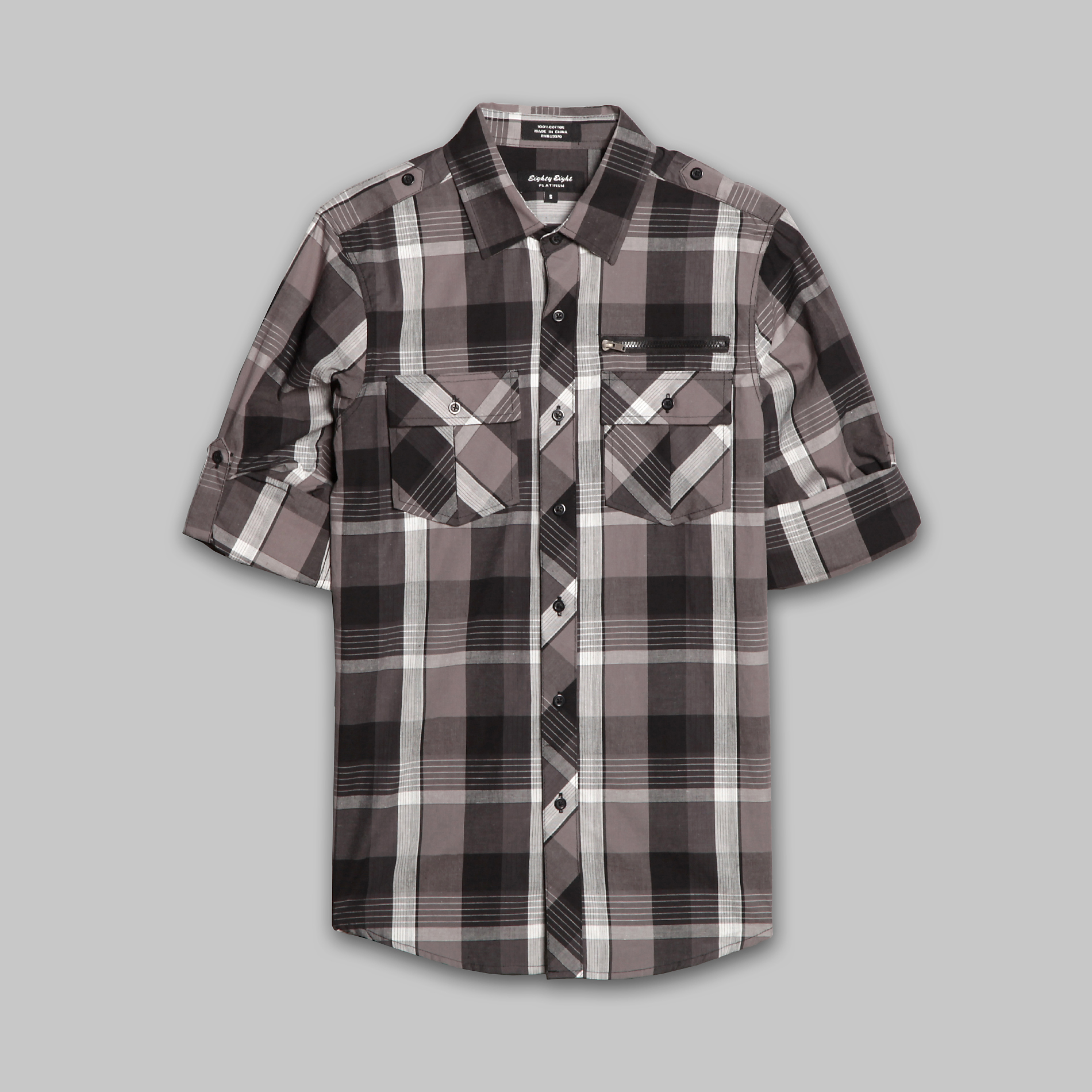 Eighty Eight Young Men&#8217;s Convertible Sleeve Woven Plaid Shirt