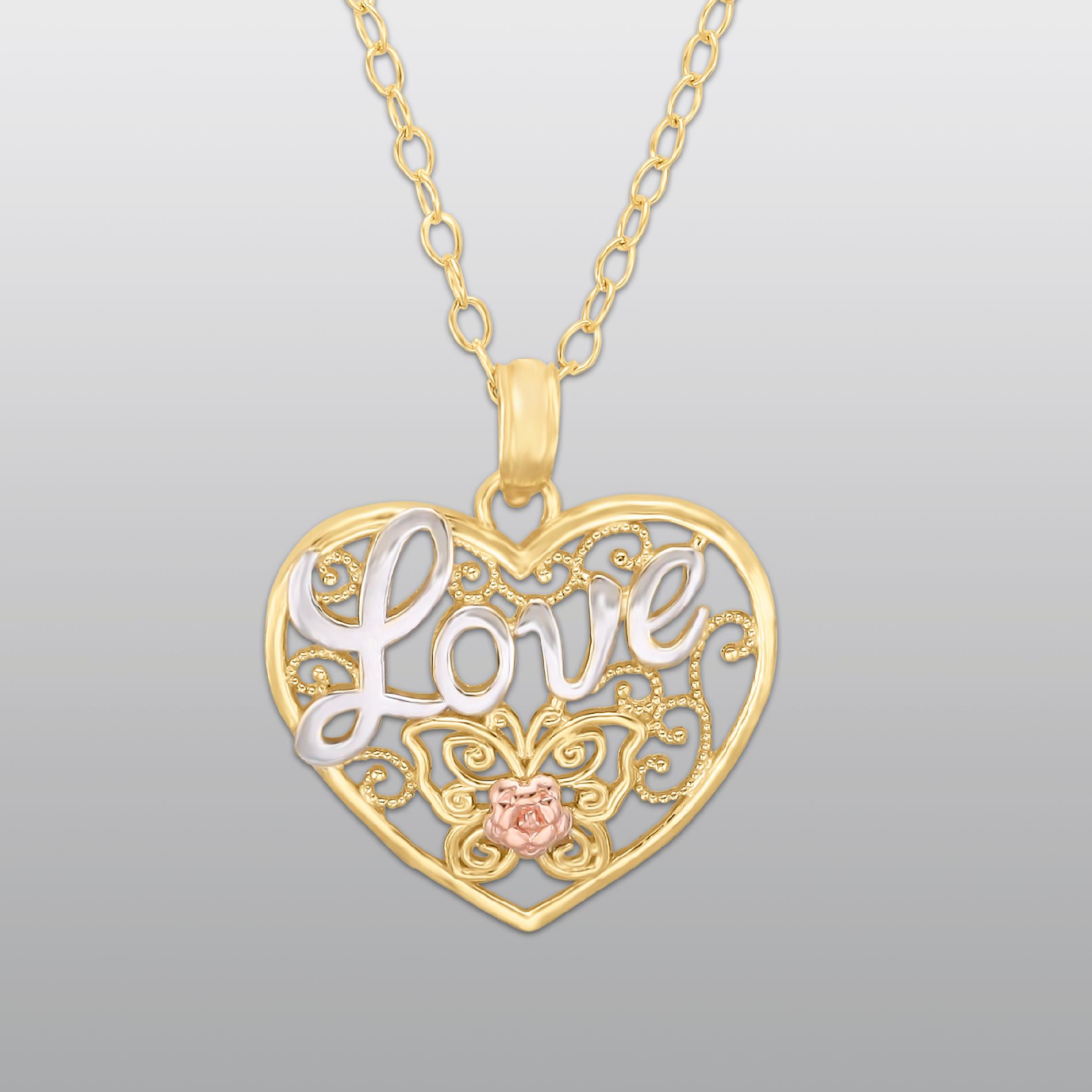 True Gold 10K Tricolor Love Heart Pendant on Gold Filled Chain
