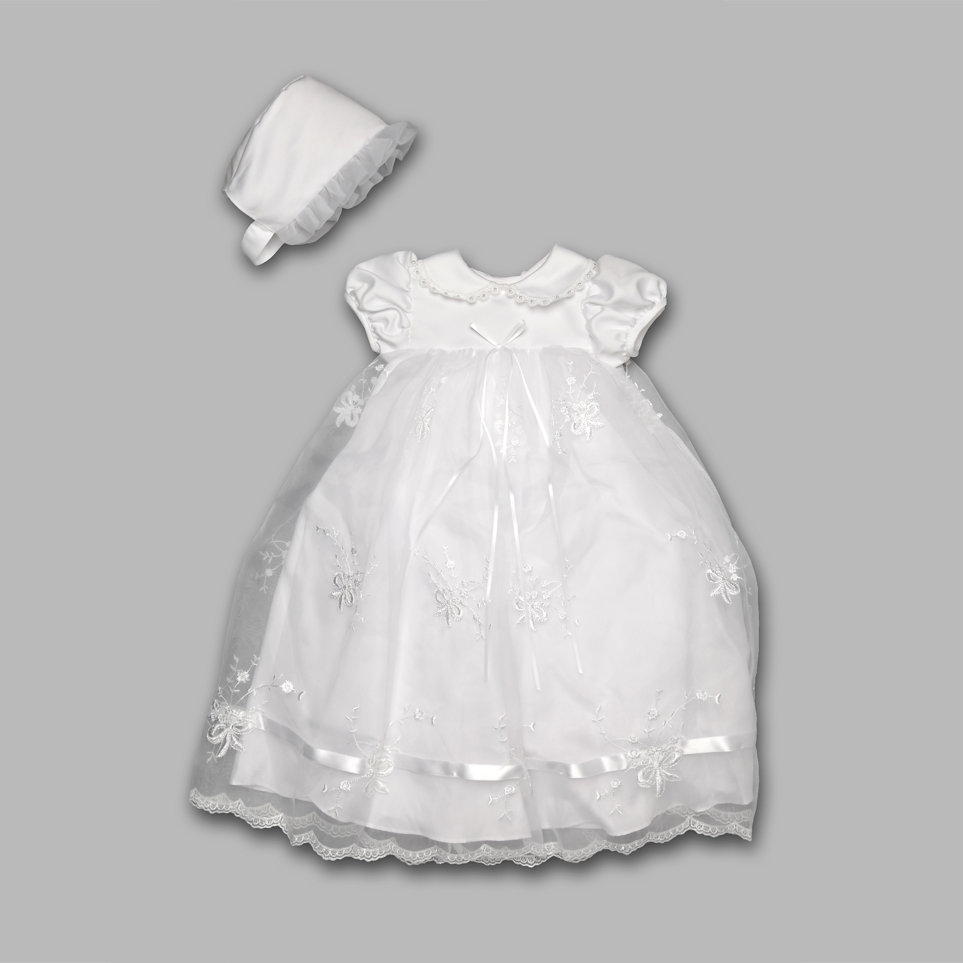 MaDonna Christening Long Embroidered Dress  Beaded Collar  with Cap