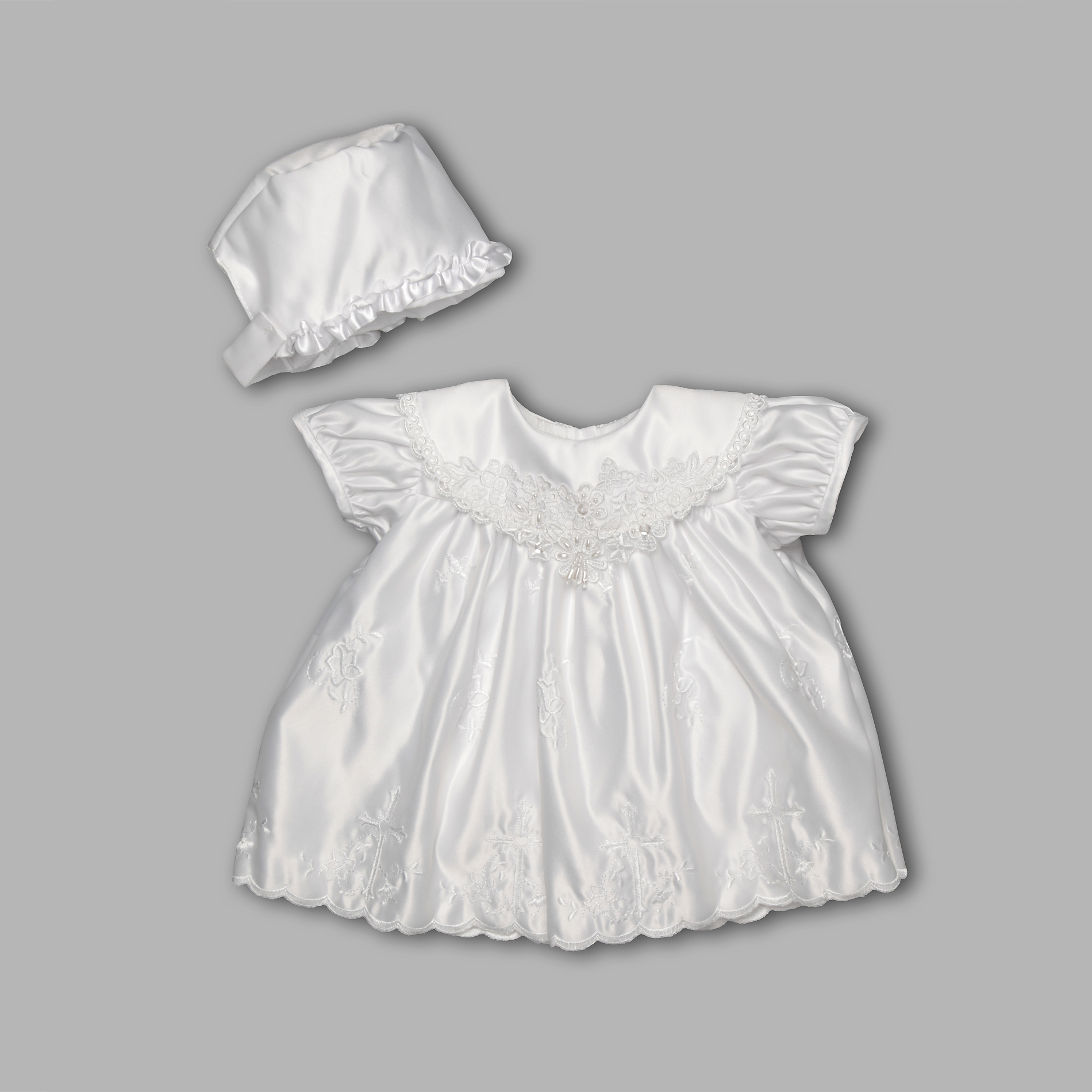 MaDonna Newborn Girl's Short Embroidered Satin Christening Dress with Hat