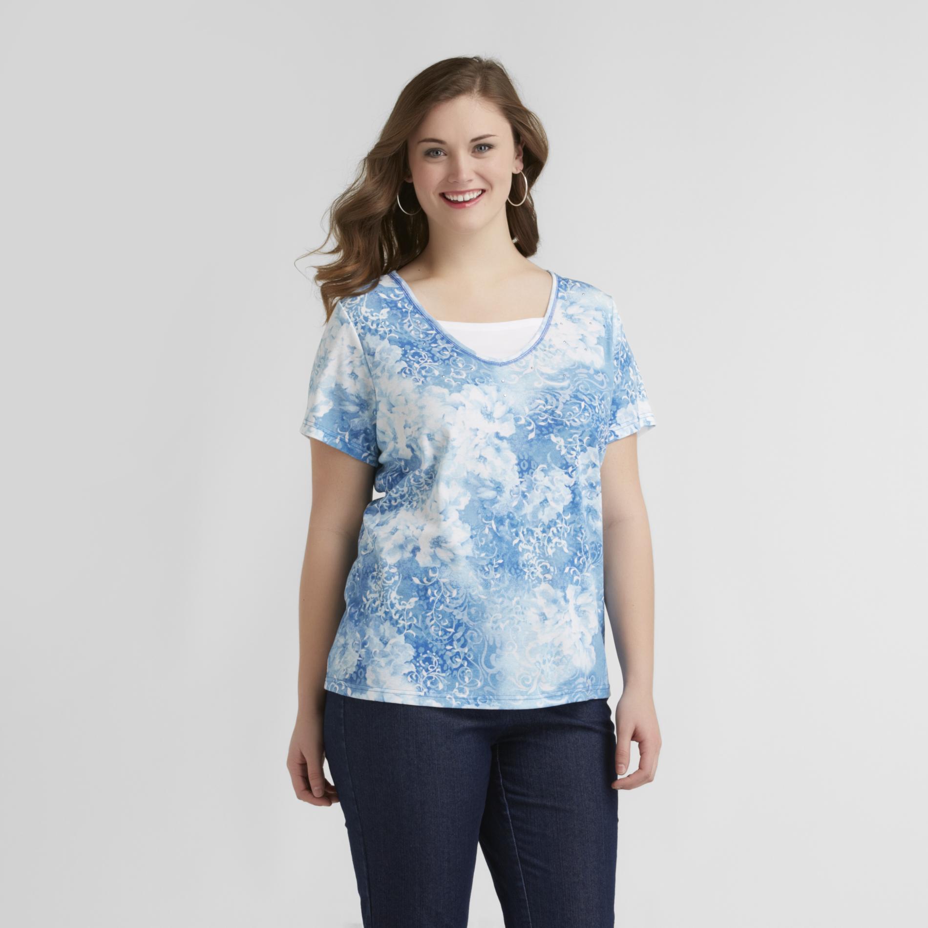 Basic Editions Women's Plus Layered Top - Floral Print