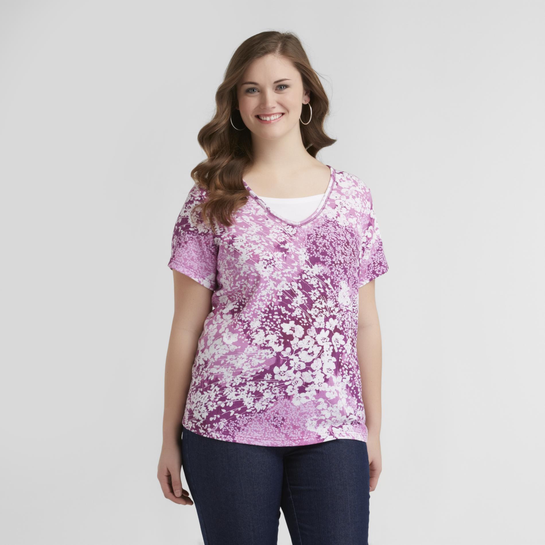 Basic Editions Women's Plus Layered Top - Floral Print