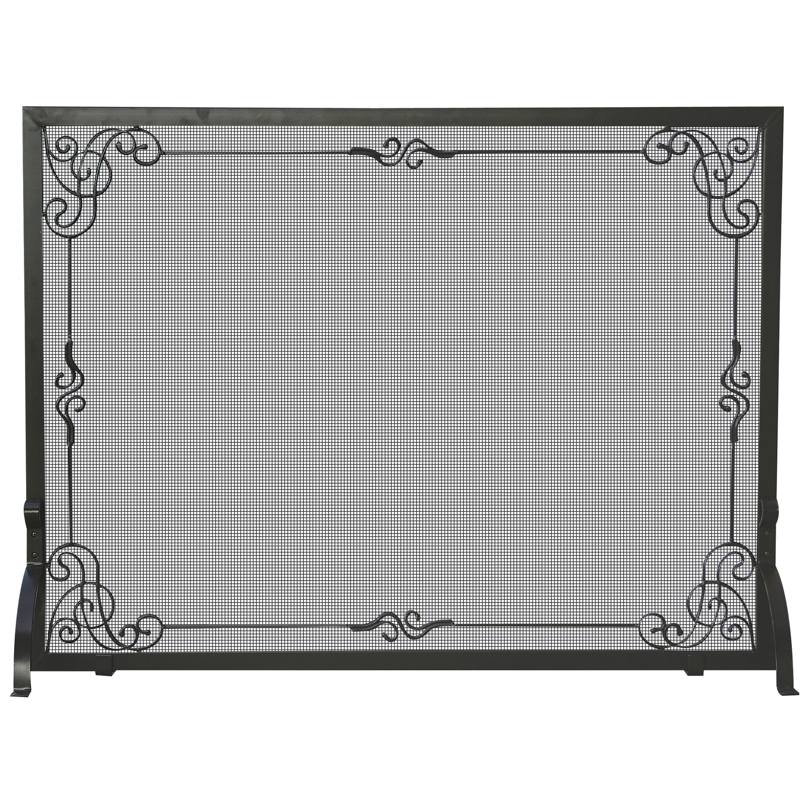 UniFlame Single Panel Black Wrought Iron Screen with Decorative Scroll