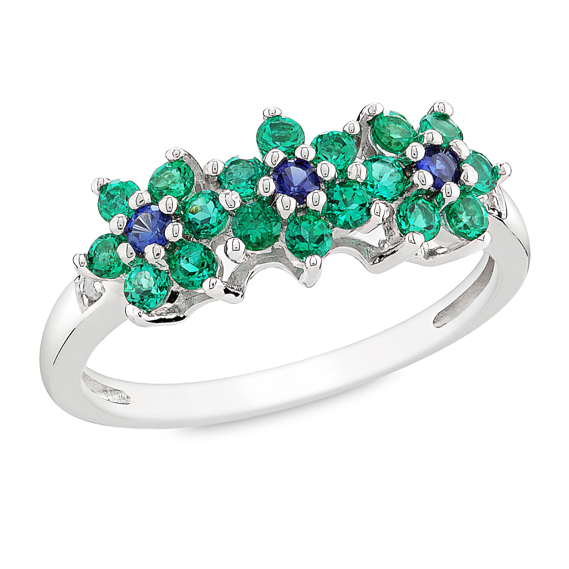 Amour 0.01 Carat T.W. Diamond and 5/8 Carat T.G.W. Created Blue Sapphire Created Emerald Flower Ring in Sterling Silver I3