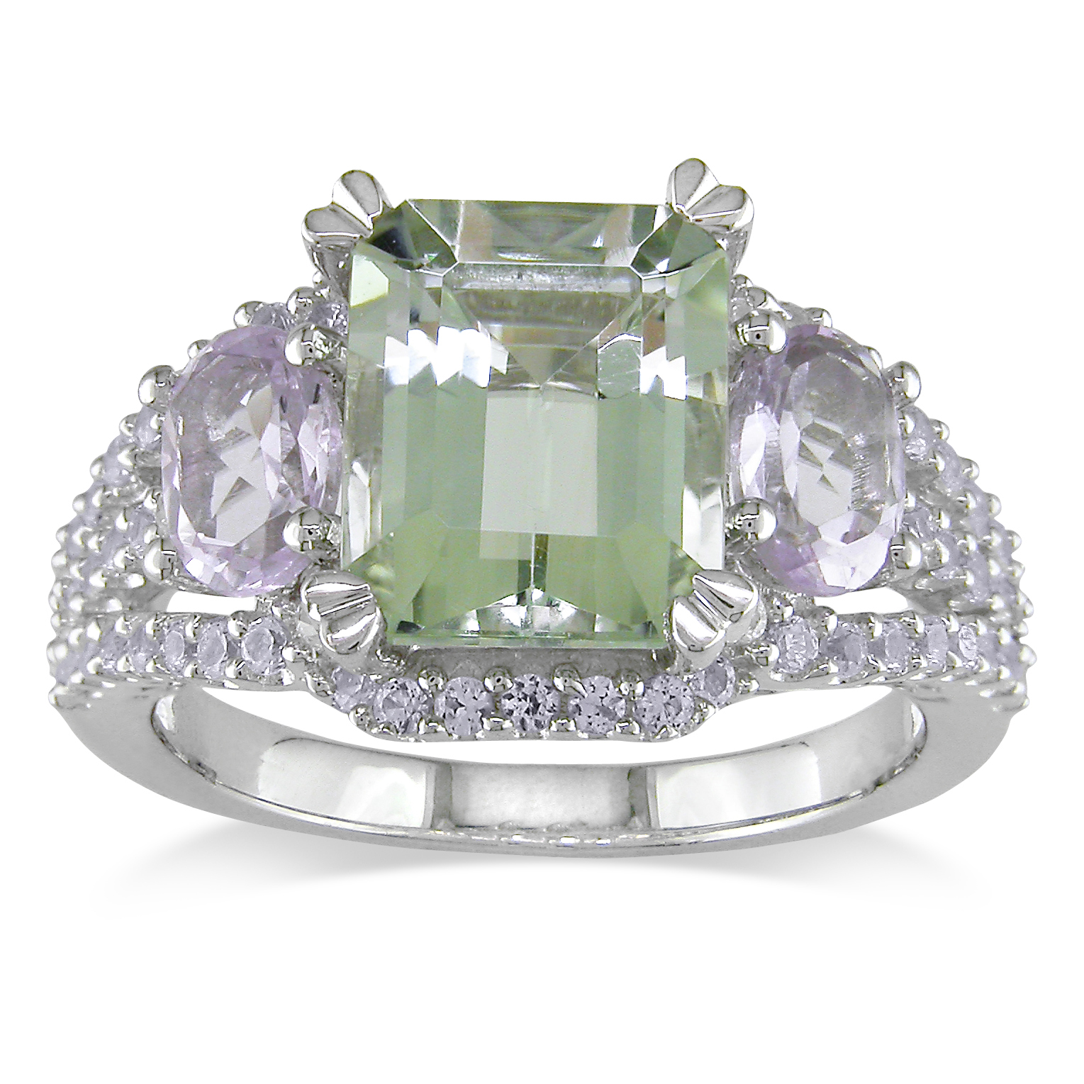 Amour 4 5/8 Carat T.G.W. Green Amethyst Rose de France Created White Sapphire Fashion Ring in Sterling Silver