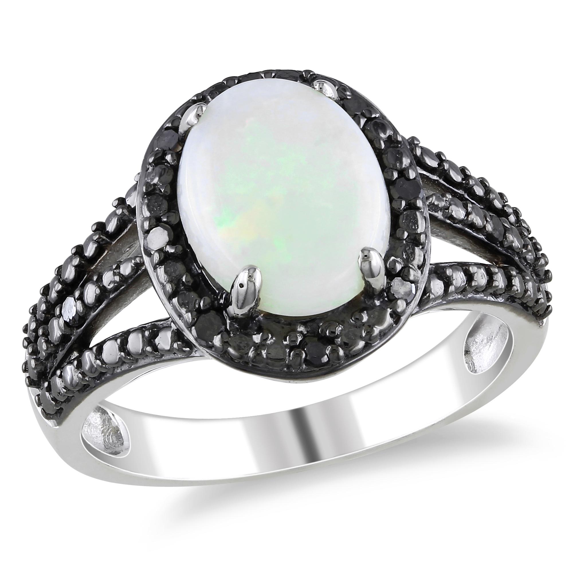 Amour 1/10 Carat Black Diamond T.W. and 1 5/8 Carat T.G.W. Opal Fashion Ring in Sterling Silver Black Plated