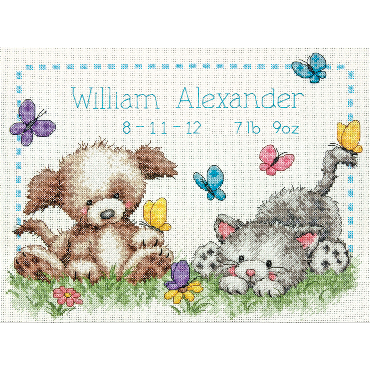 Dimensions Pet Friends Baby Birth Record Counted Cross Stitch Kit 12"X9" 14 Count