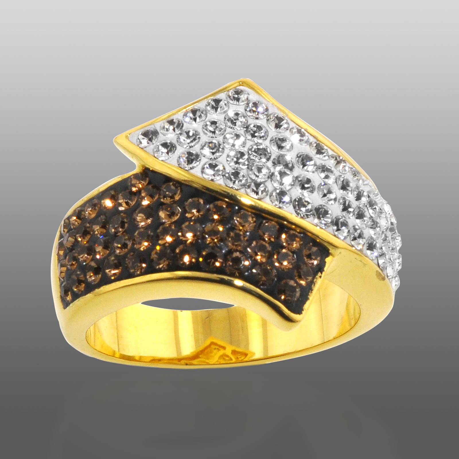 Shades Of Elegance Gold Over Bronze Brown & White Crystal Bypass Ring