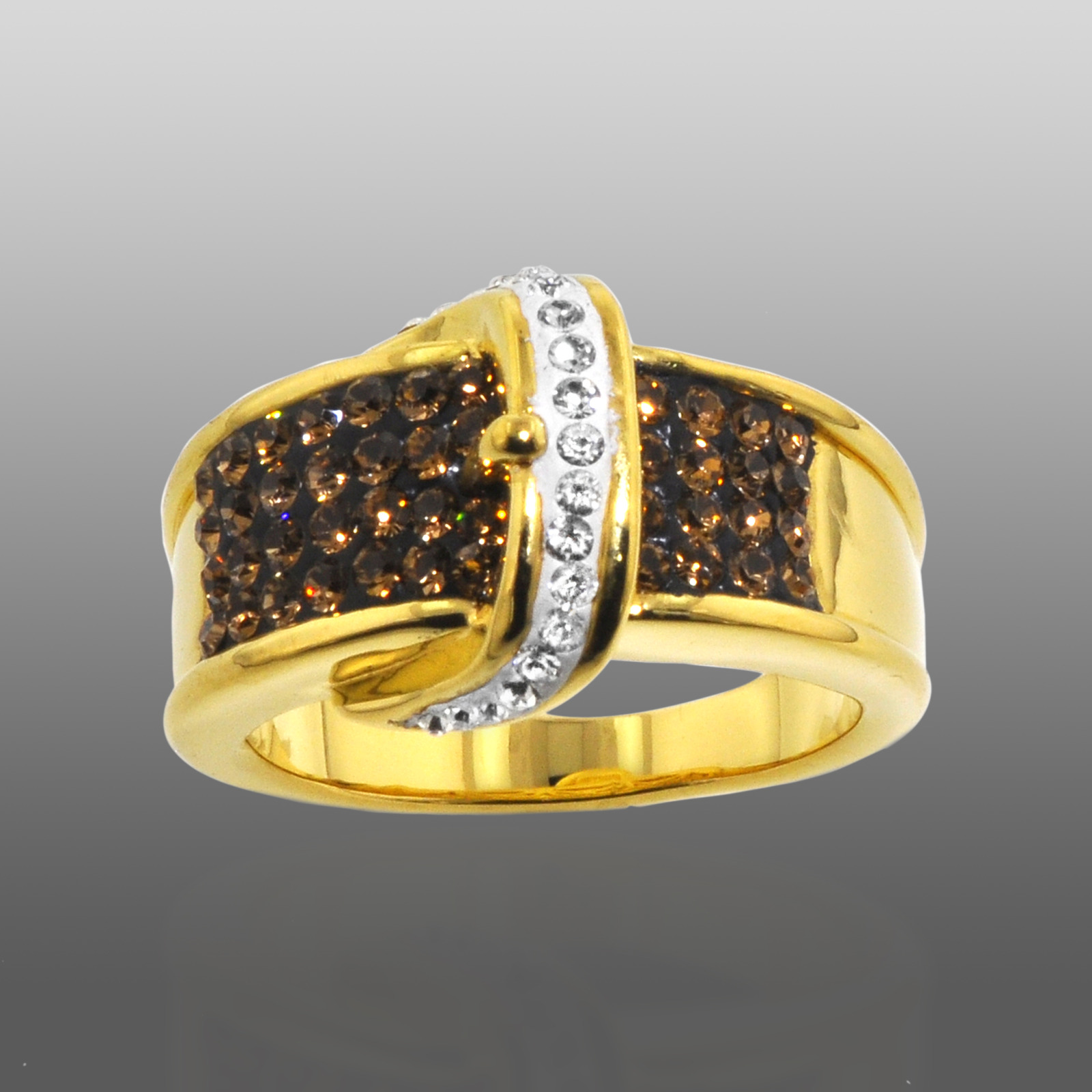 Shades Of Elegance Gold Over Bronze Brown & White Crystal Buckle Ring