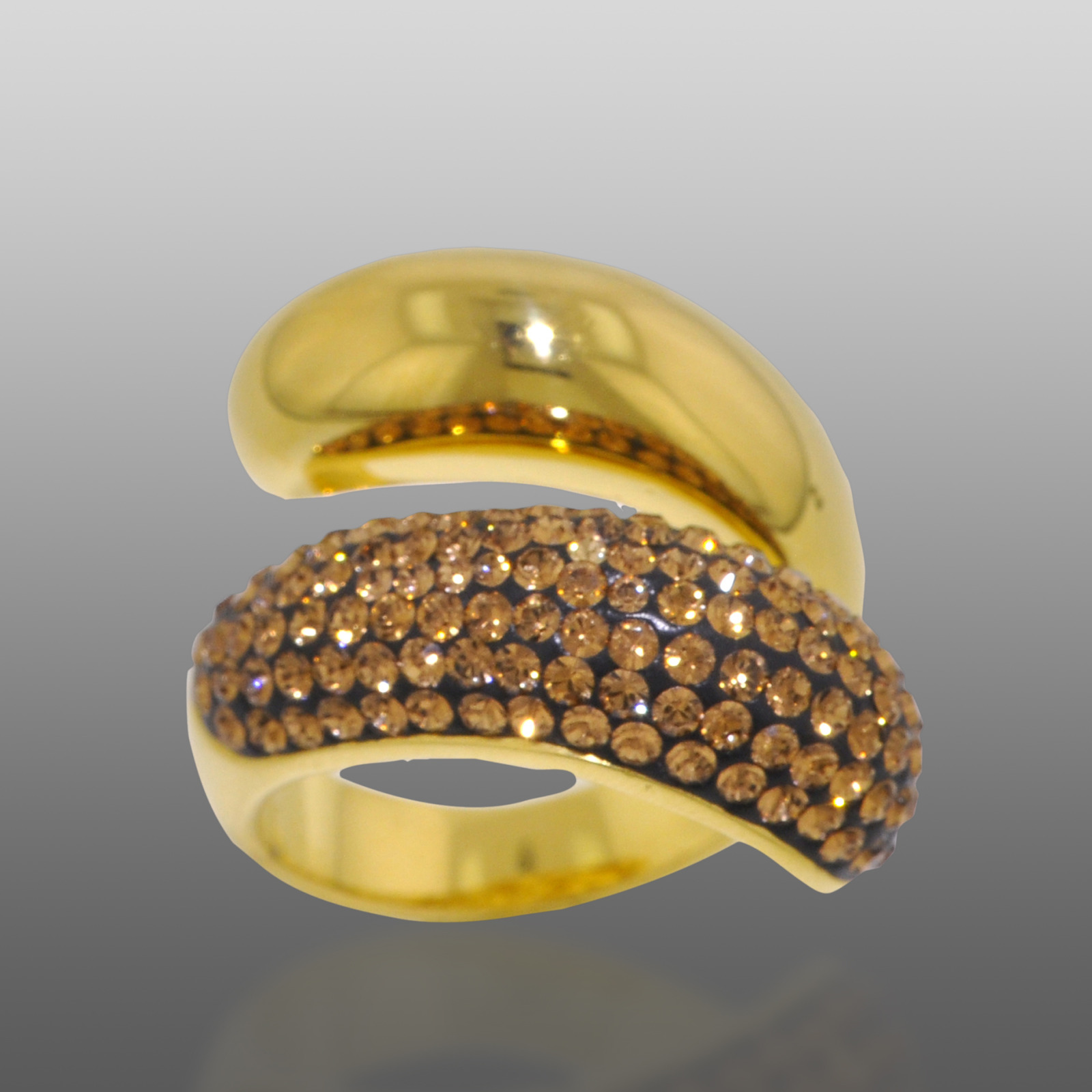 Shades Of Elegance Gold Over Bronze Brown & White Crystal Large Bypass Ring