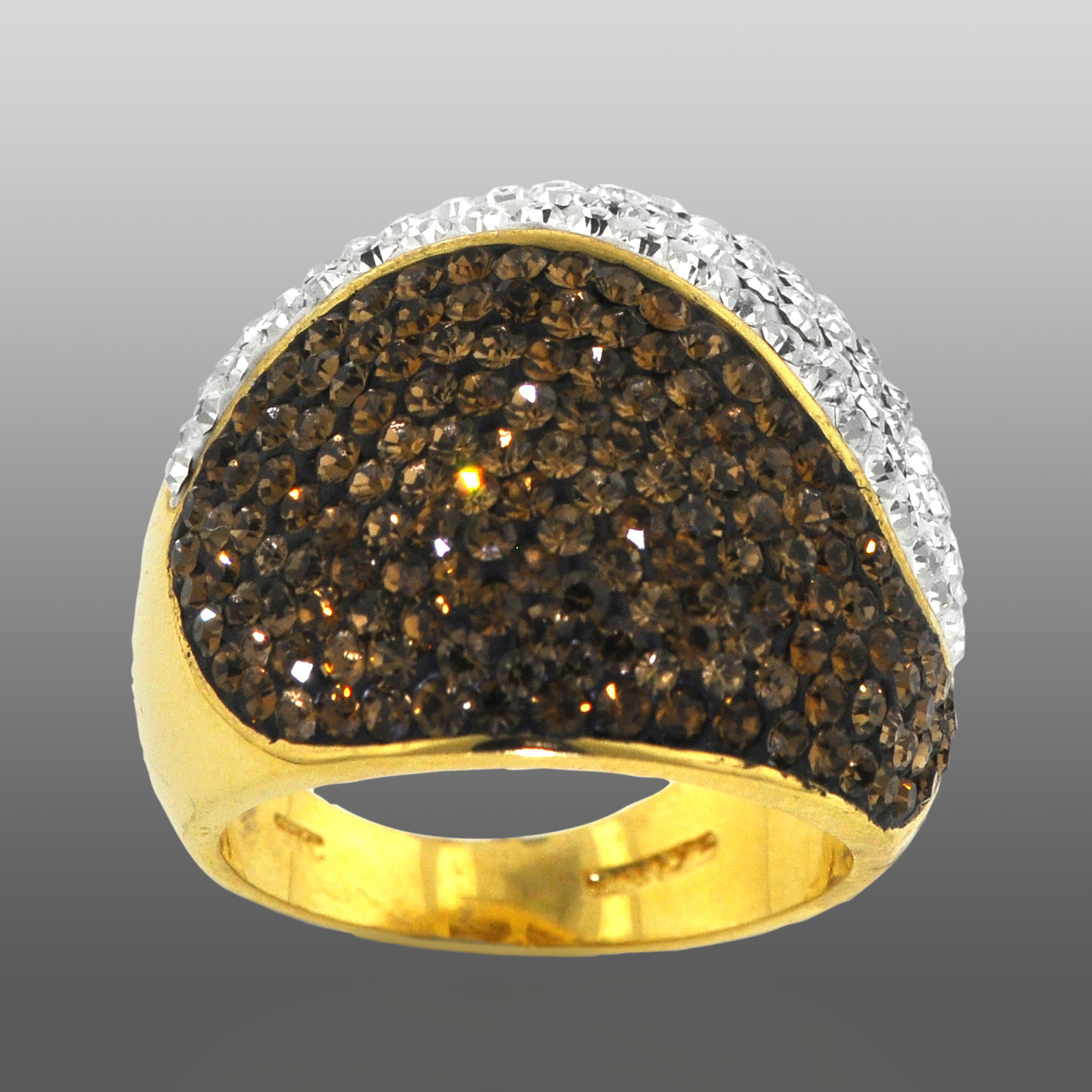Shades Of Elegance Gold Over Bronze Brown & White Crystal Dome Ring