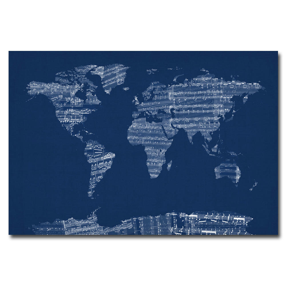 Trademark Global Michael Tompsett 'Sheet Music World Map in Blue' Canvas Art