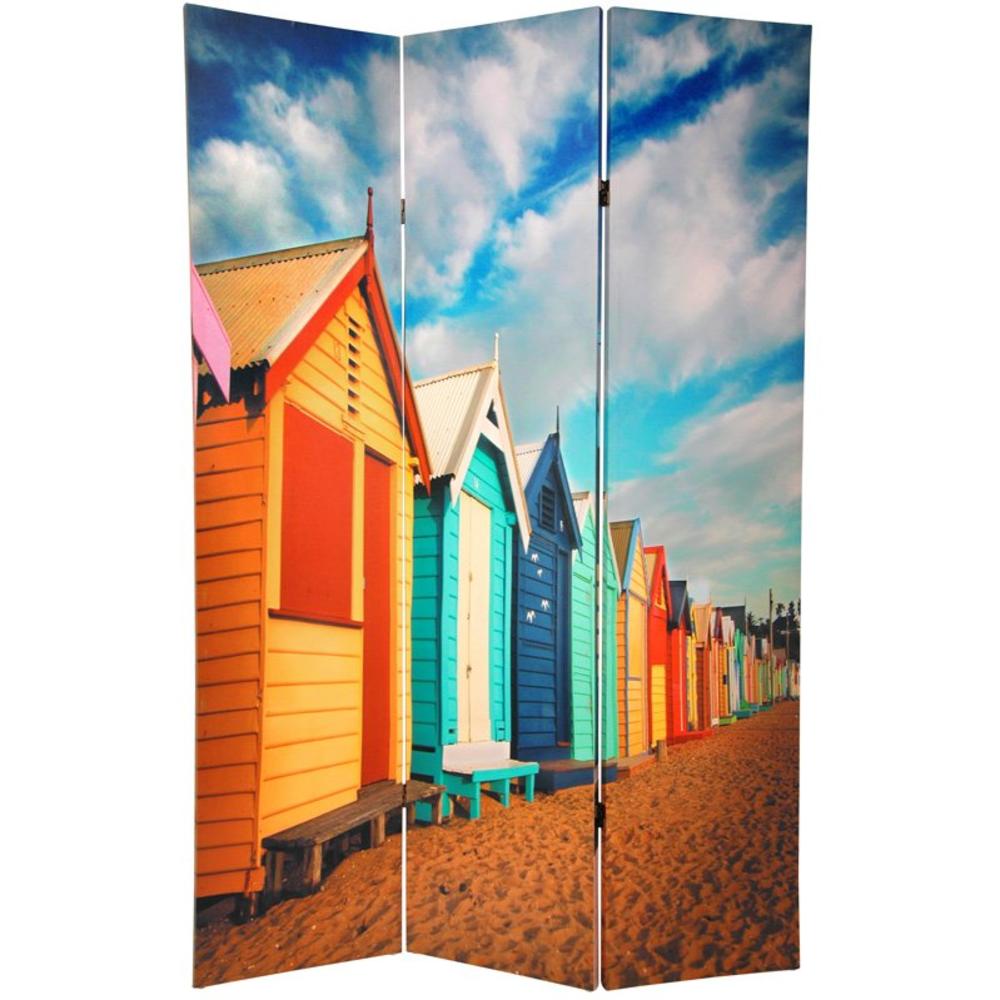 Oriental Furniture 6 ft. Tall Double Sided Beach Cabana Canvas Room Divider - 3 Panel