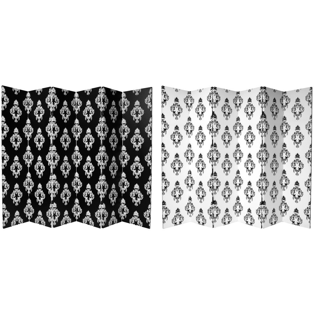 Oriental Furniture 6 ft. Tall Double Sided Black and White Damask Canvas Room Divider - 6 Panel