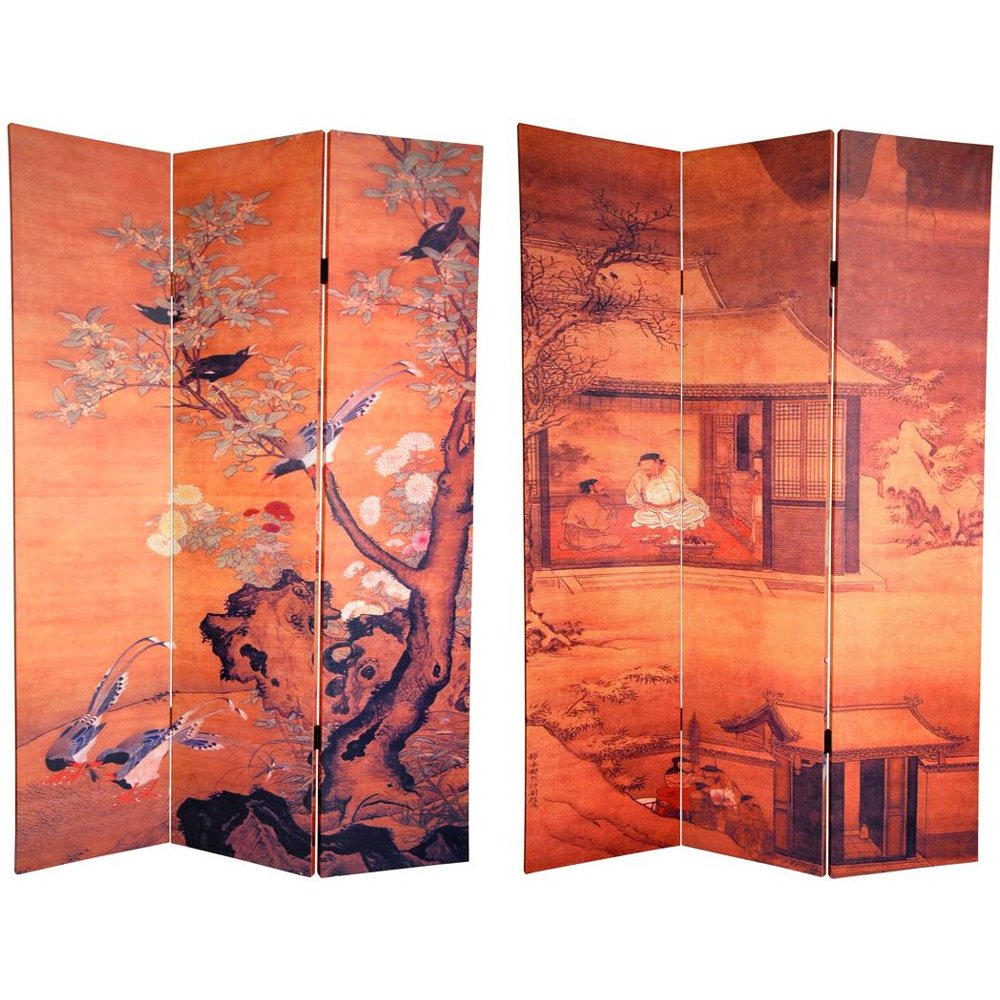Oriental Furniture 6 ft. Tall Double Sided Chinese Landscapes Canvas Room Divider - 3 Panel, Brown Oriental Furniture 6 ft. Tall Double Sided Chinese Landscapes Canvas Room Divider - 3 Panel, Brown