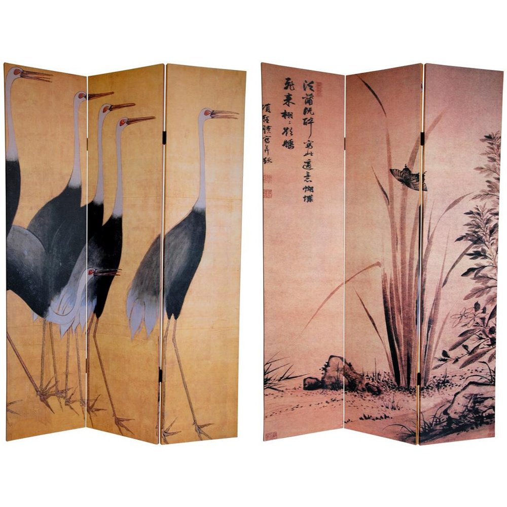 Oriental Furniture 6 ft. Tall Double Sided Cranes Canvas Room Divider - 3 Panel Oriental Furniture 6 ft. Tall Double Sided Cranes Canvas Room Divider - 3 Panel