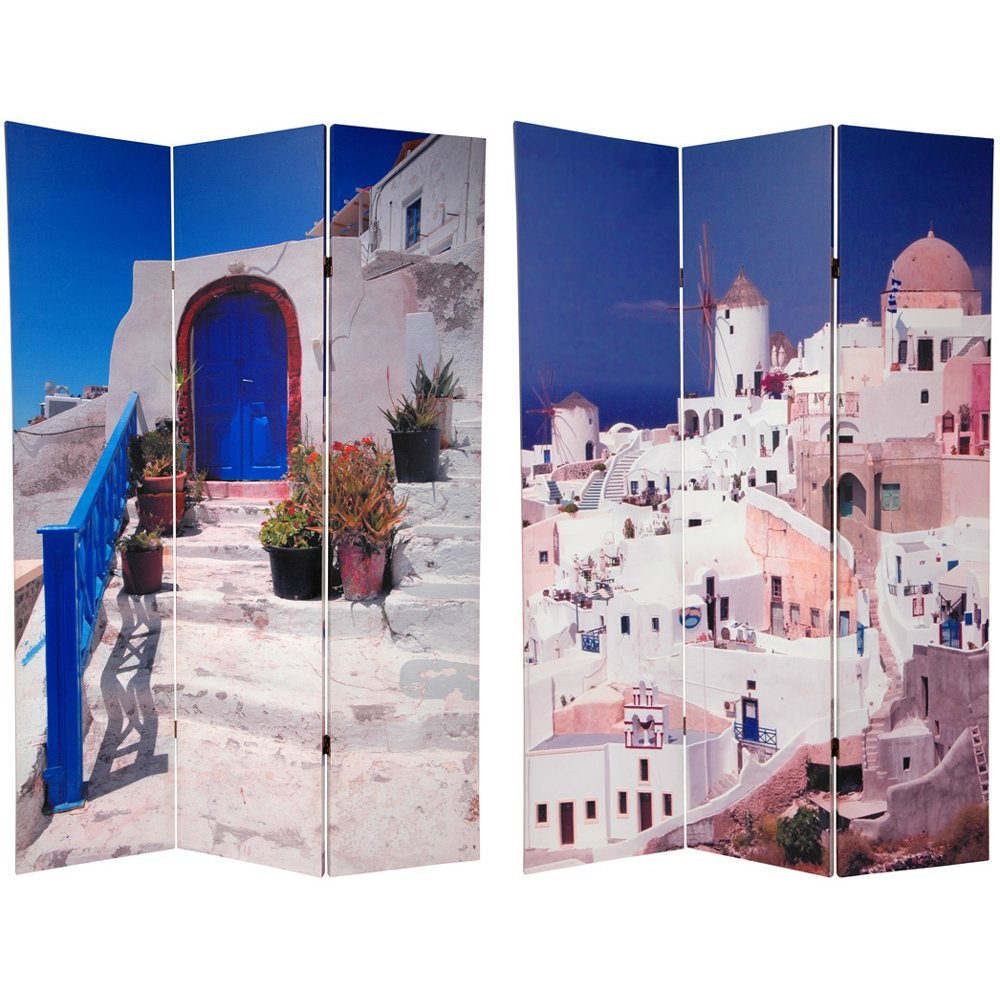 Oriental Furniture 6 ft. Tall Double Sided Santorini Greece Canvas Room Divider - 3 Panel
