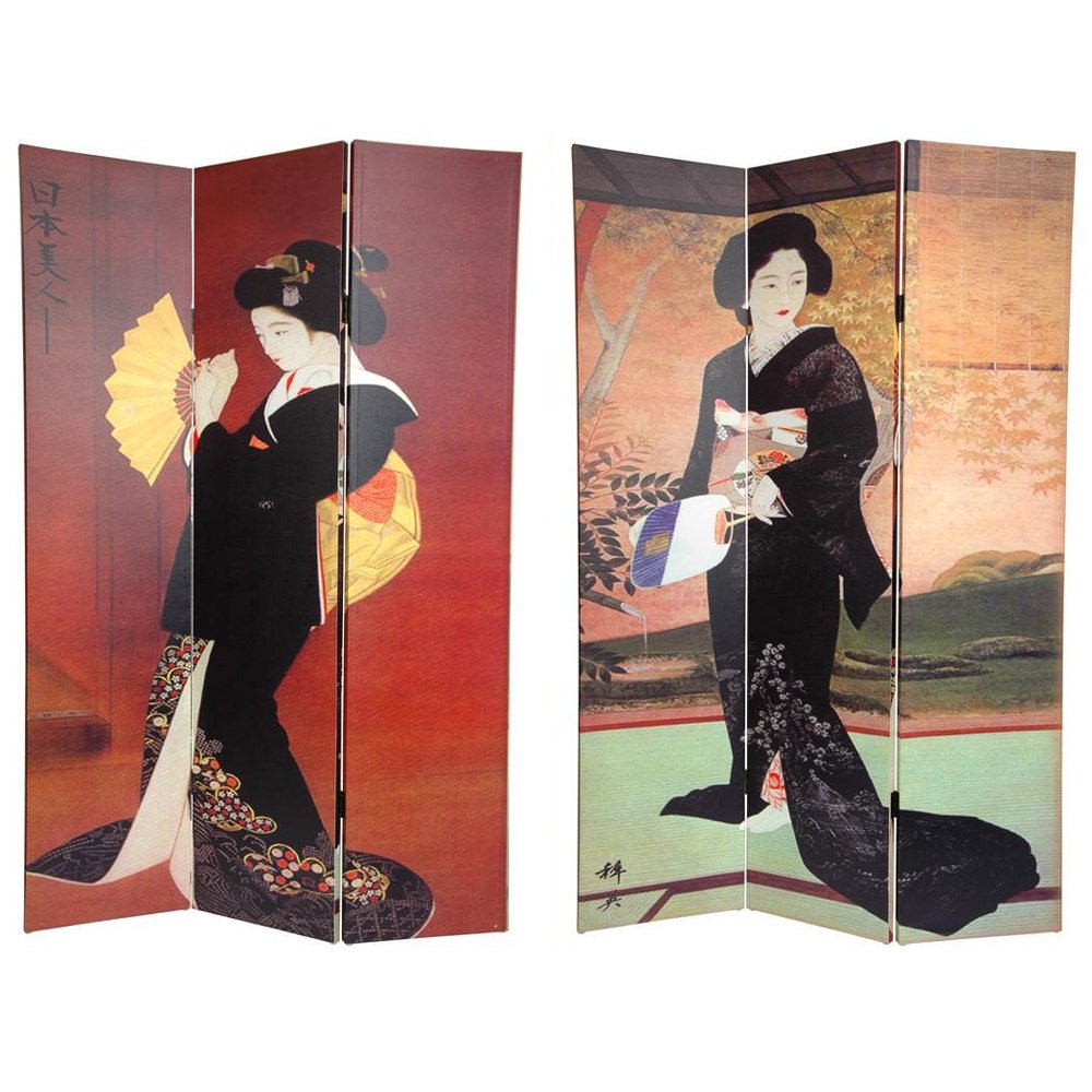 Oriental Furniture 6 ft. Tall Double Sided Japanese Ladies Canvas Room Divider - 3 Panel