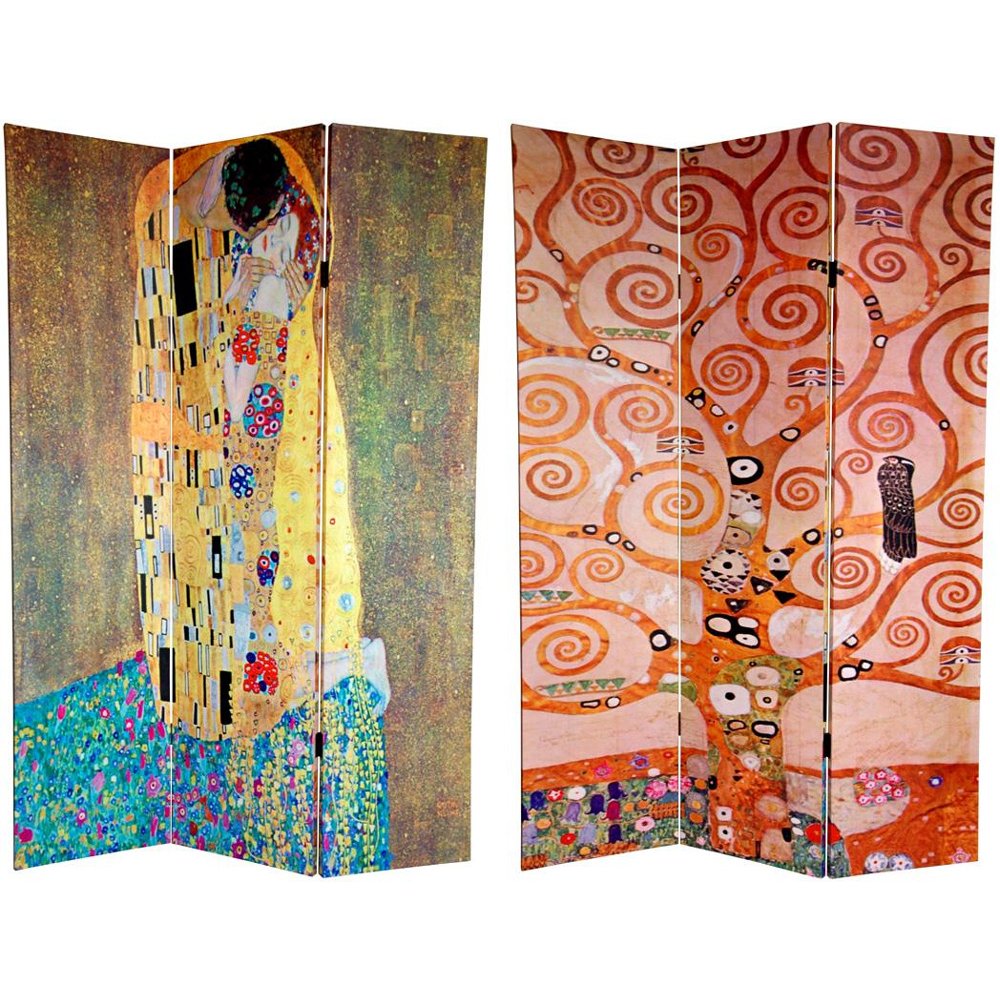 Oriental Furniture 6 ft. Tall Double Sided Works of Klimt Canvas Room Divider - The Kiss/Tree of Life - 3 Panel
