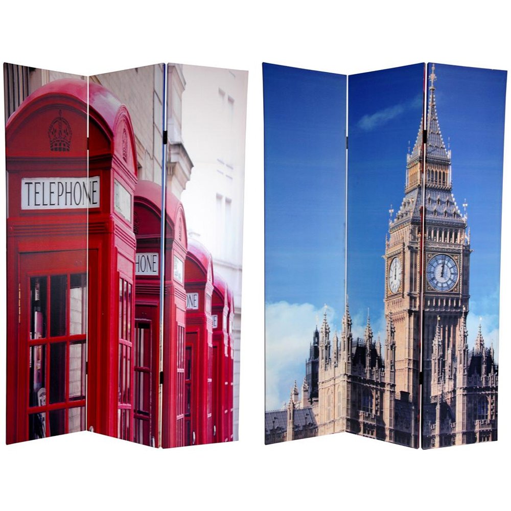 Oriental Furniture 6 ft. Tall Double Sided London Canvas Room Divider - Big Ben/Phone Booths - 3 Panel