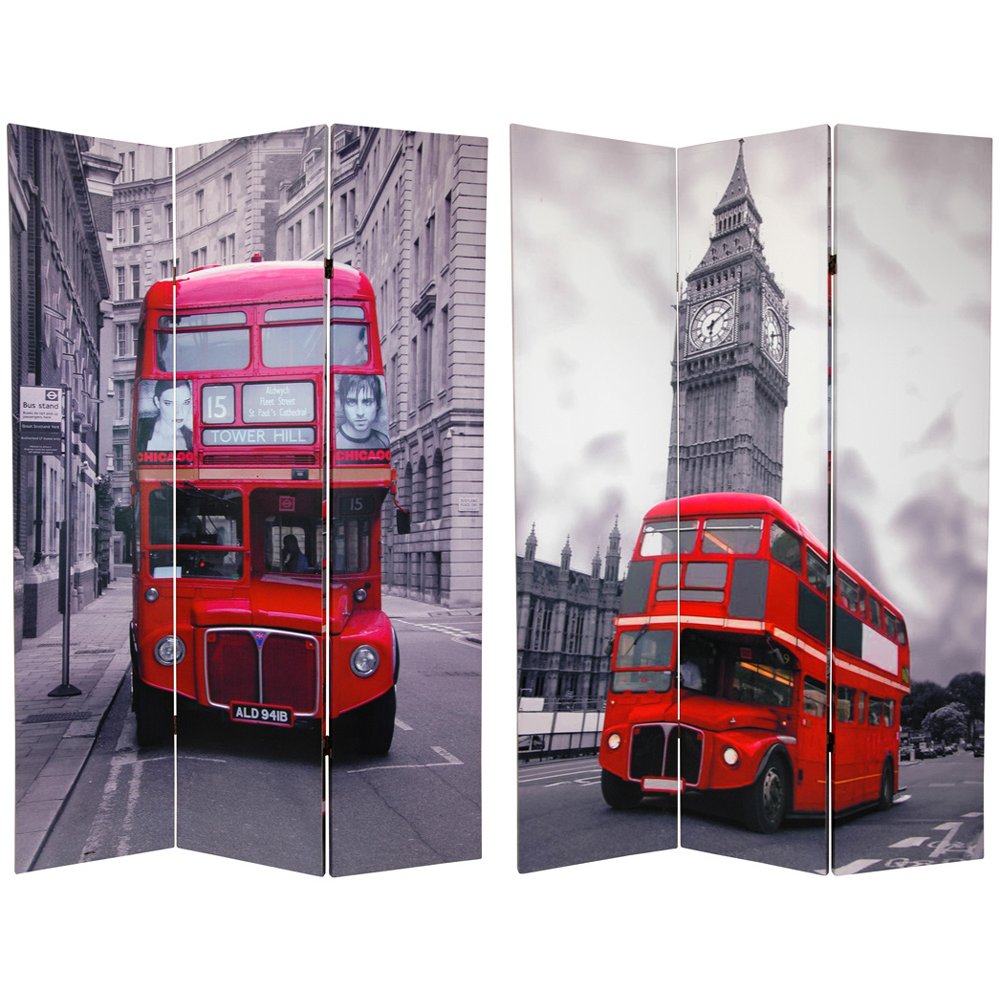 Oriental Furniture 6 ft. Tall Double Sided Double Decker Bus Canvas Room Divider - 3 Panel Oriental Furniture 6 ft. Tall Double Sided Double Decker Bus Canvas Room Divider - 3 Panel