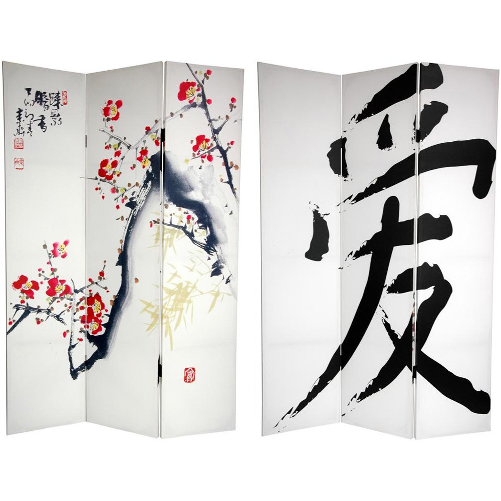 Oriental Furniture 6 ft. Tall Double Sided Cherry Blossoms and Love Canvas Room Divider - 3 Panel, White Oriental Furniture 6 ft. Tall Double Sided Cherry Blossoms and Love Canvas Room Divider - 3 Panel, White